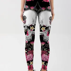 Legging Tête De Mort Et Fleurs